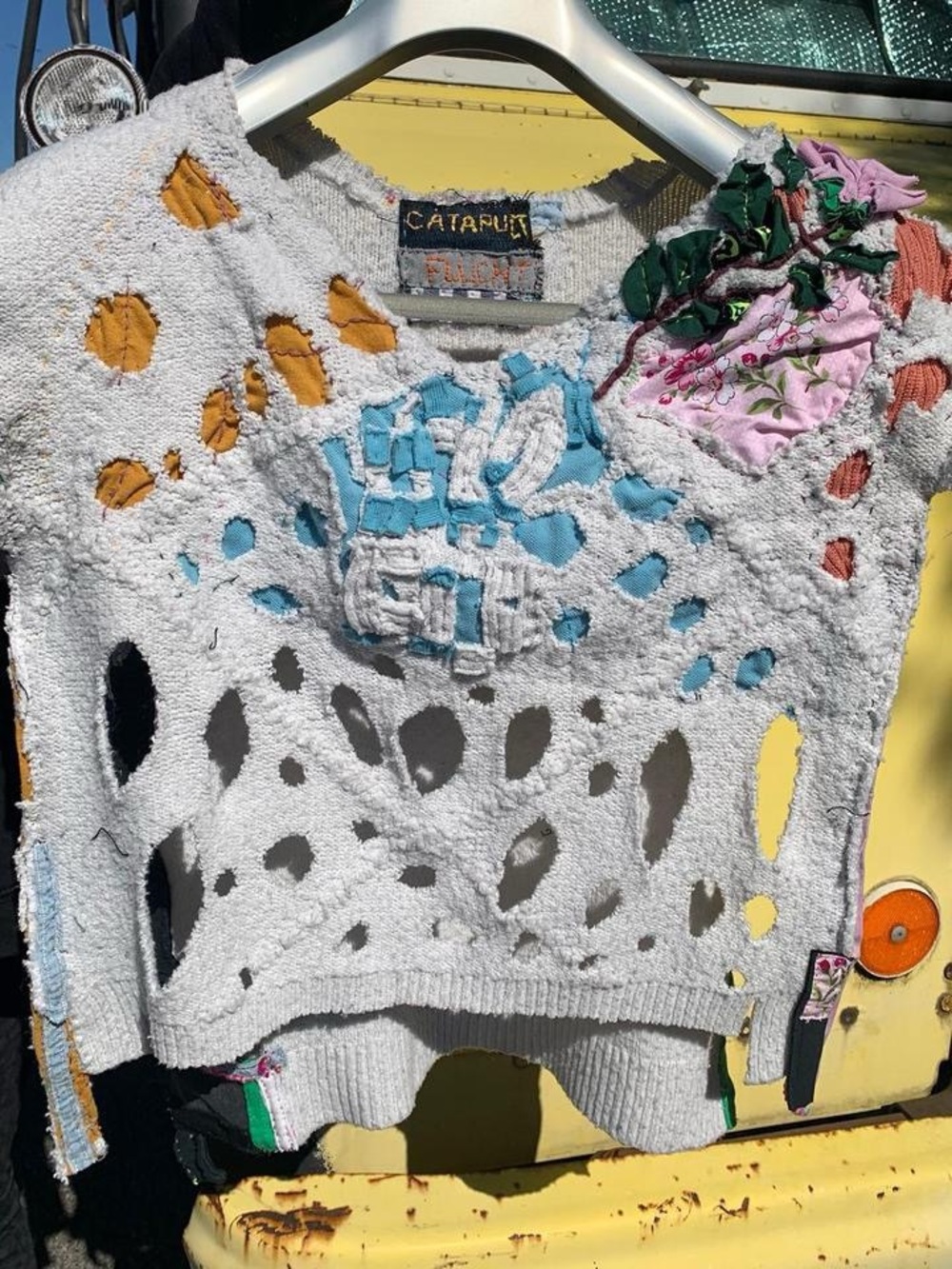 Upcycled Distressed Patchwork Wearable Artwork Color-block Short Sleeve Sweater